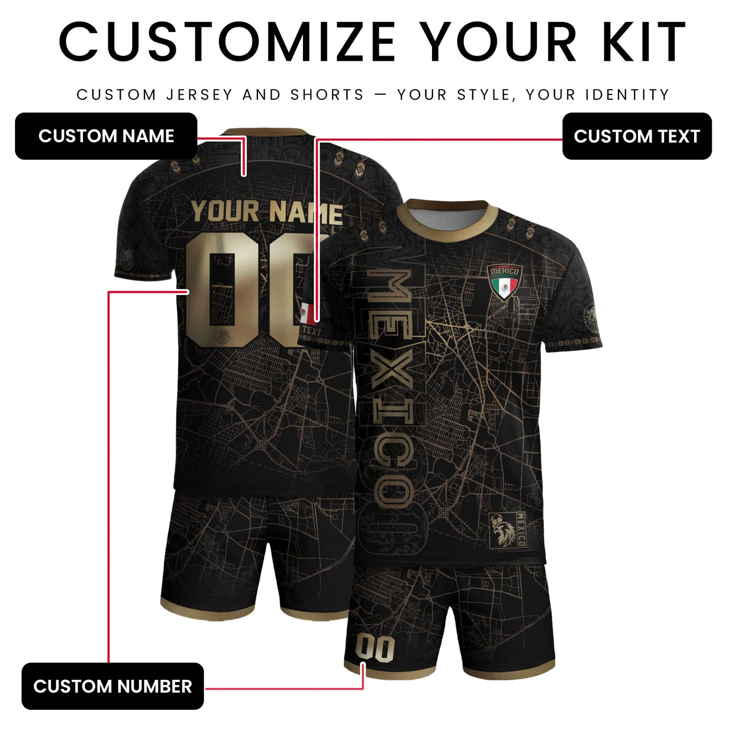 Custom Mexico Soccer Jersey Black Gold Heritage Map Aztec Design