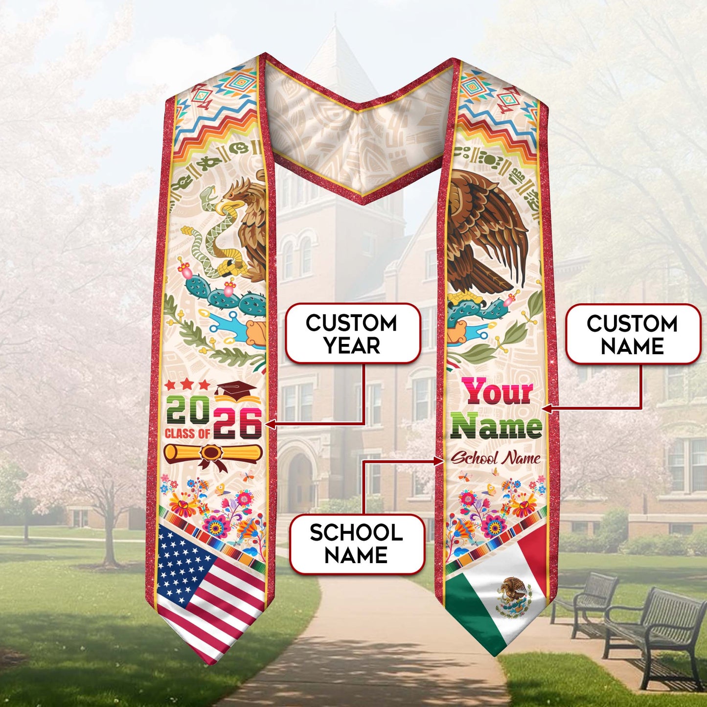 Personalized 2026 Graduation Stole – USA & Mexico Eagle Heritage Senior Sash with Serape Pattern Design