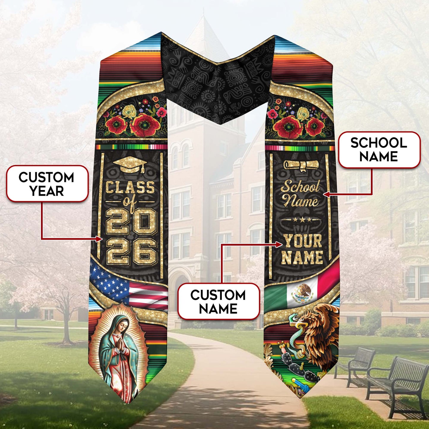 Virgen de Guadalupe 2026 Graduation Stole – Personalized USA & Mexico Heritage Senior Sash with Eagle & Serape Design