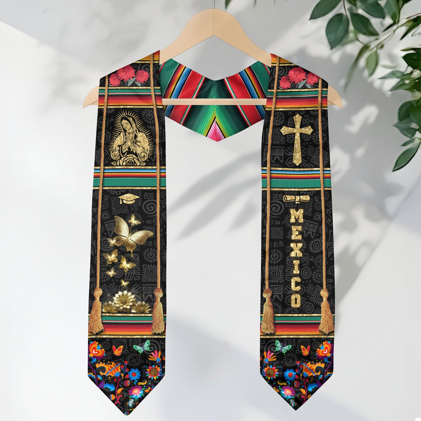 Mexican Graduation Stole Mexico Sash Aztec Virgin Mary Cross Butterfly 2026