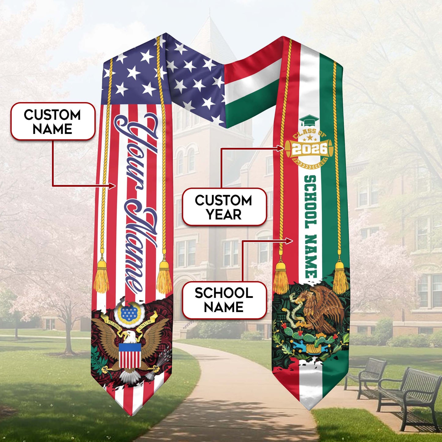 Personalized Mexican American Graduation Sash Class of 2026 Flag Eagle Name Stole