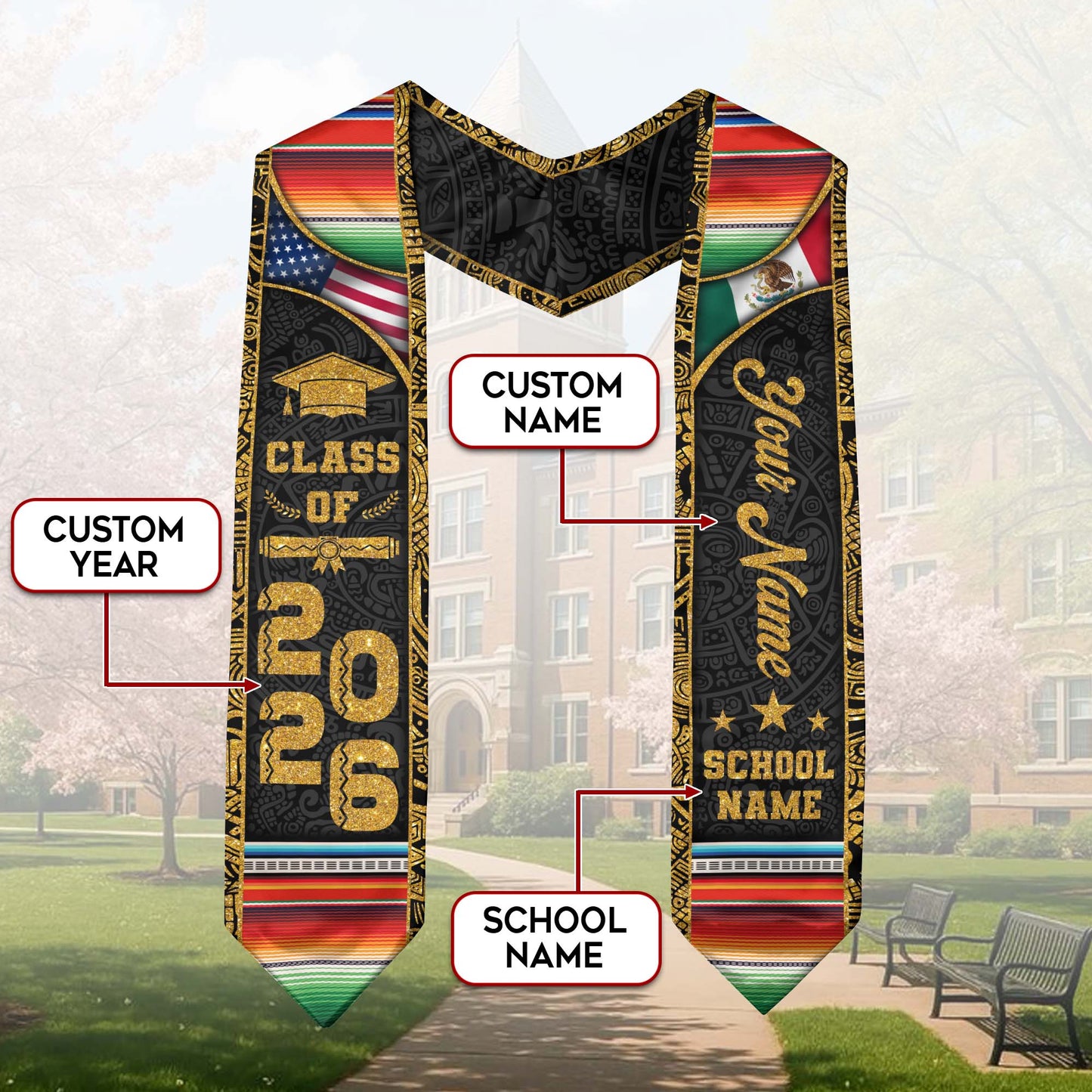 Custom Mexican Graduation Stole Class of 2026 Serape Stripe Aztec Pattern Name Sash