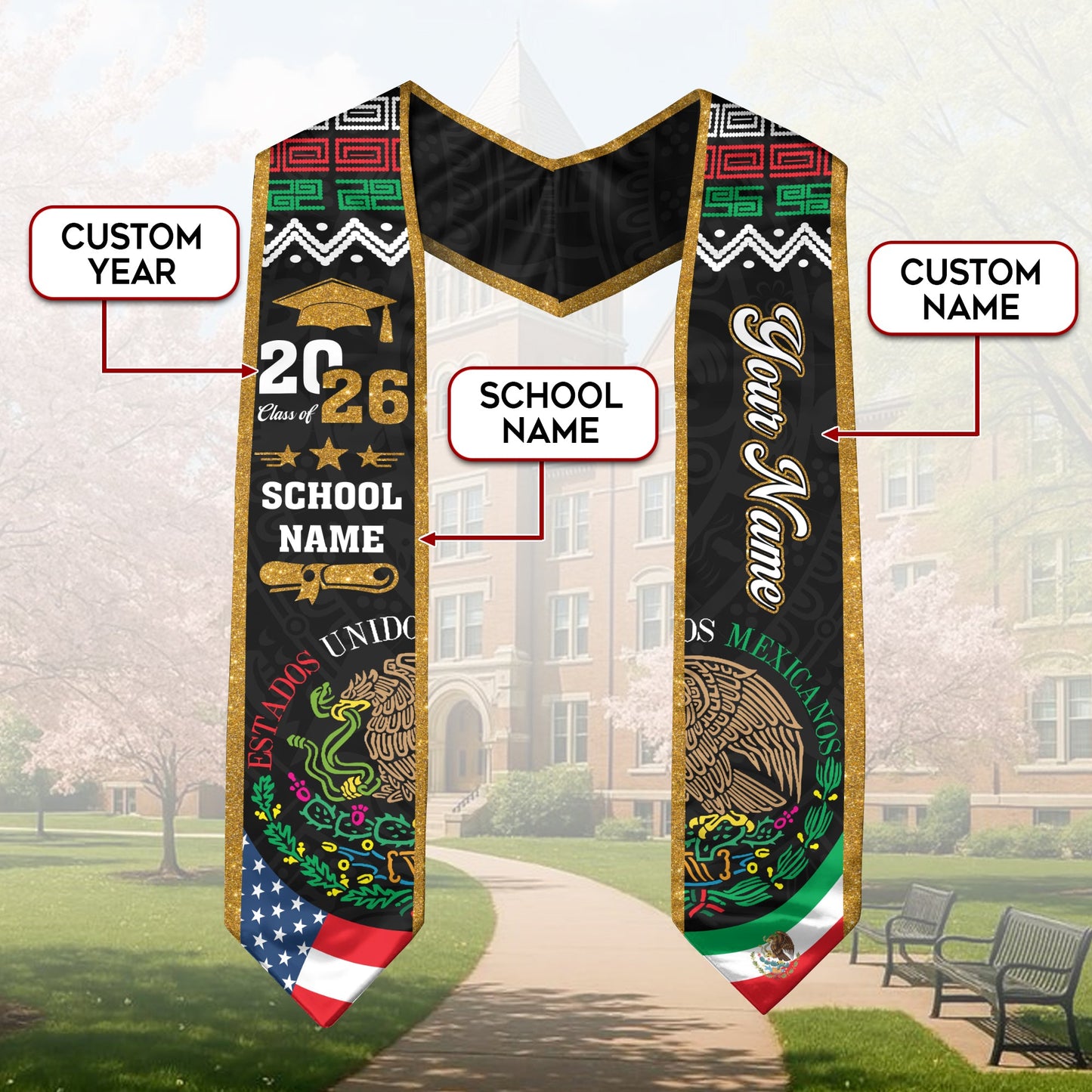 Custom Mexican Graduation Stole Mexico USA Flag Aztec Eagle Glitter Class 2026