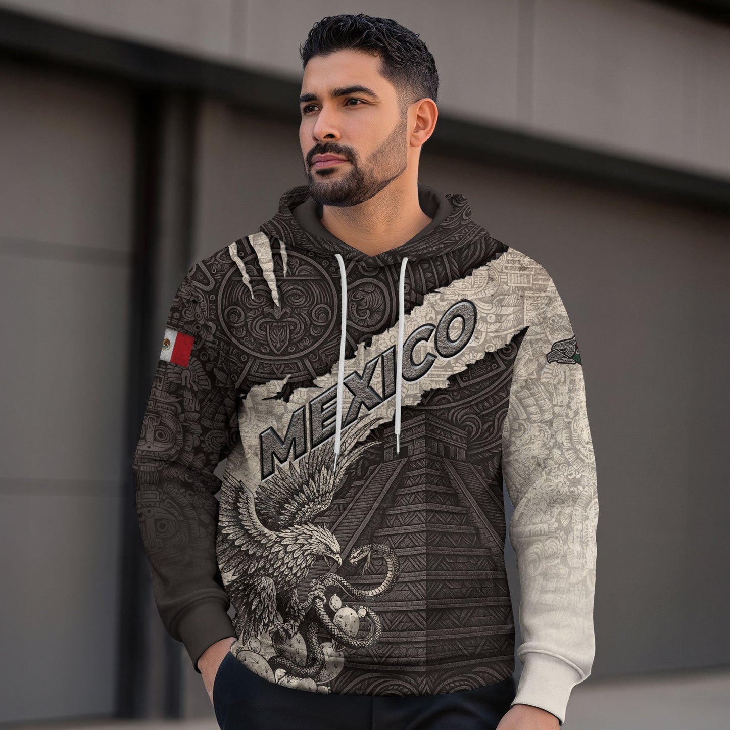Mexico Aztec Pyramid Eagle Serpent Heritage Stone Pattern Warrior Pride Hoodie
