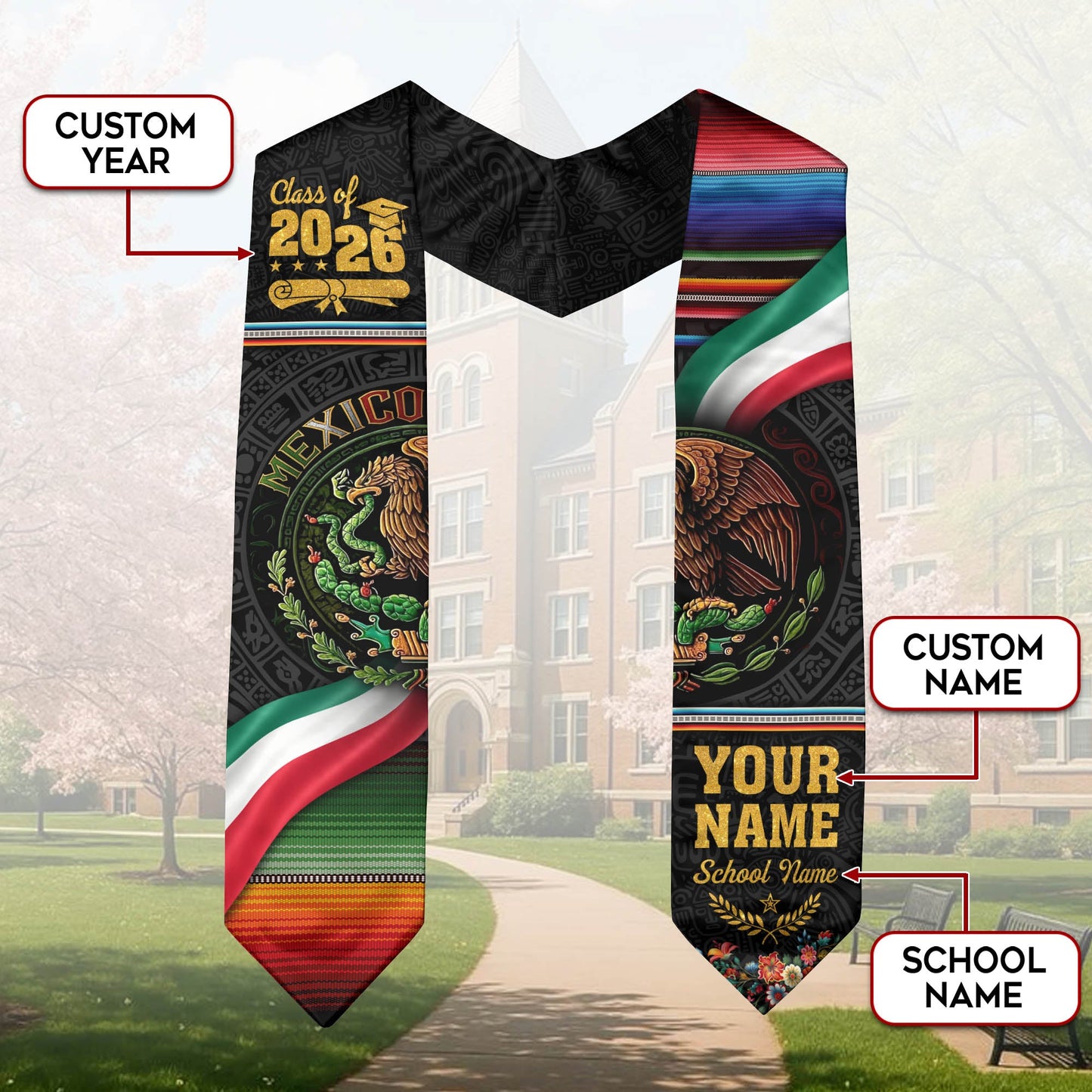 Mexican Graduation Stole Aztec Eagle Flag Serape Custom Mexico Sash 2026 Floral Crest