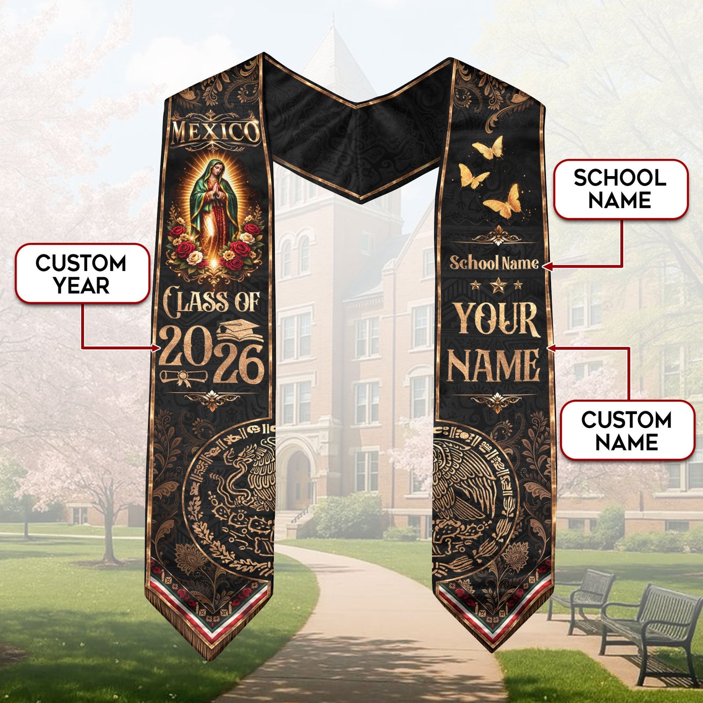 Mexican Graduation Stole 2026 Custom Mexican Graduation Sash, Mexican Flag Sash Mexico