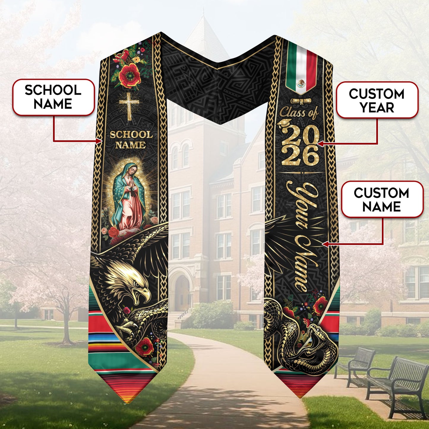 Custom Mexico Graduation Stole 2026 Virgin Mary Eagle Snake Catholic Mexican Heritage Sash