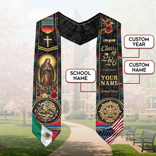 Custom Mexico USA Graduation Stole 2026 Virgin of Guadalupe Aztec Calendar Heritage Sash