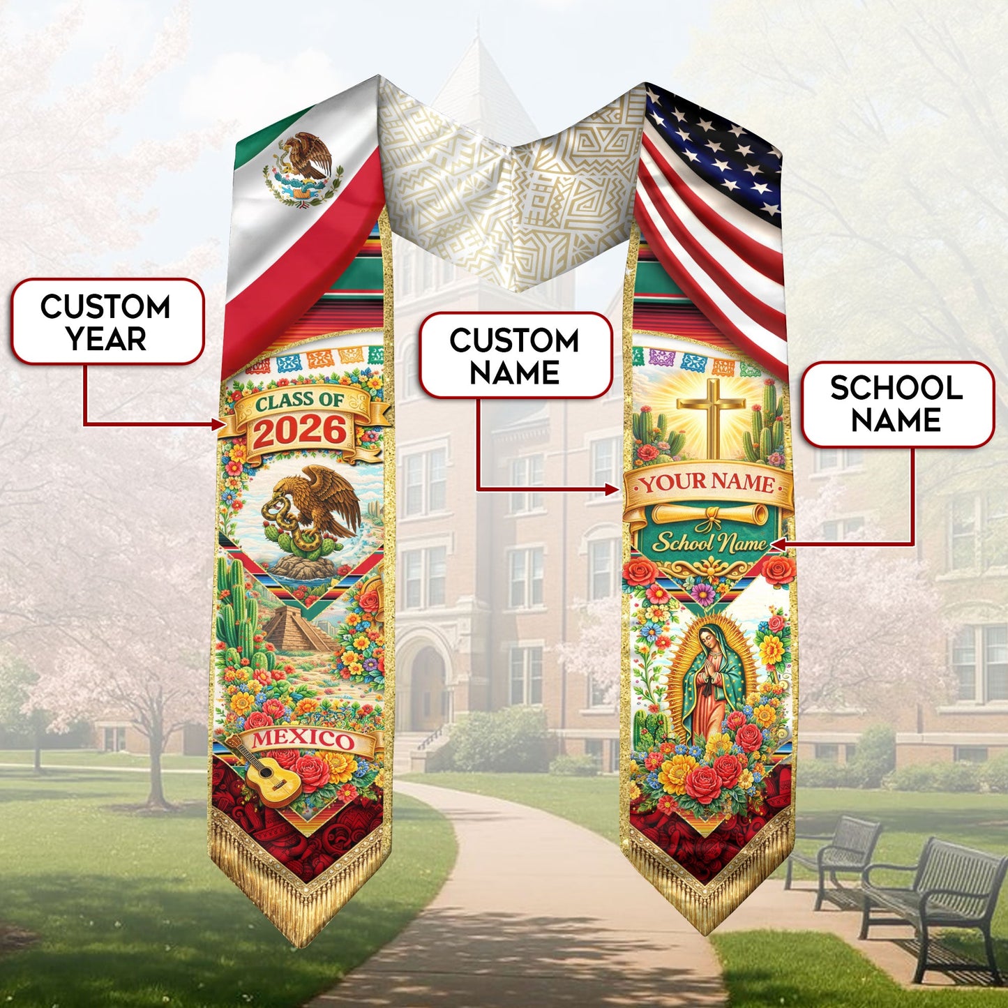 Custom Mexico Graduation Stole 2026 – Eagle Guadalupe USA Flag Serape Sash