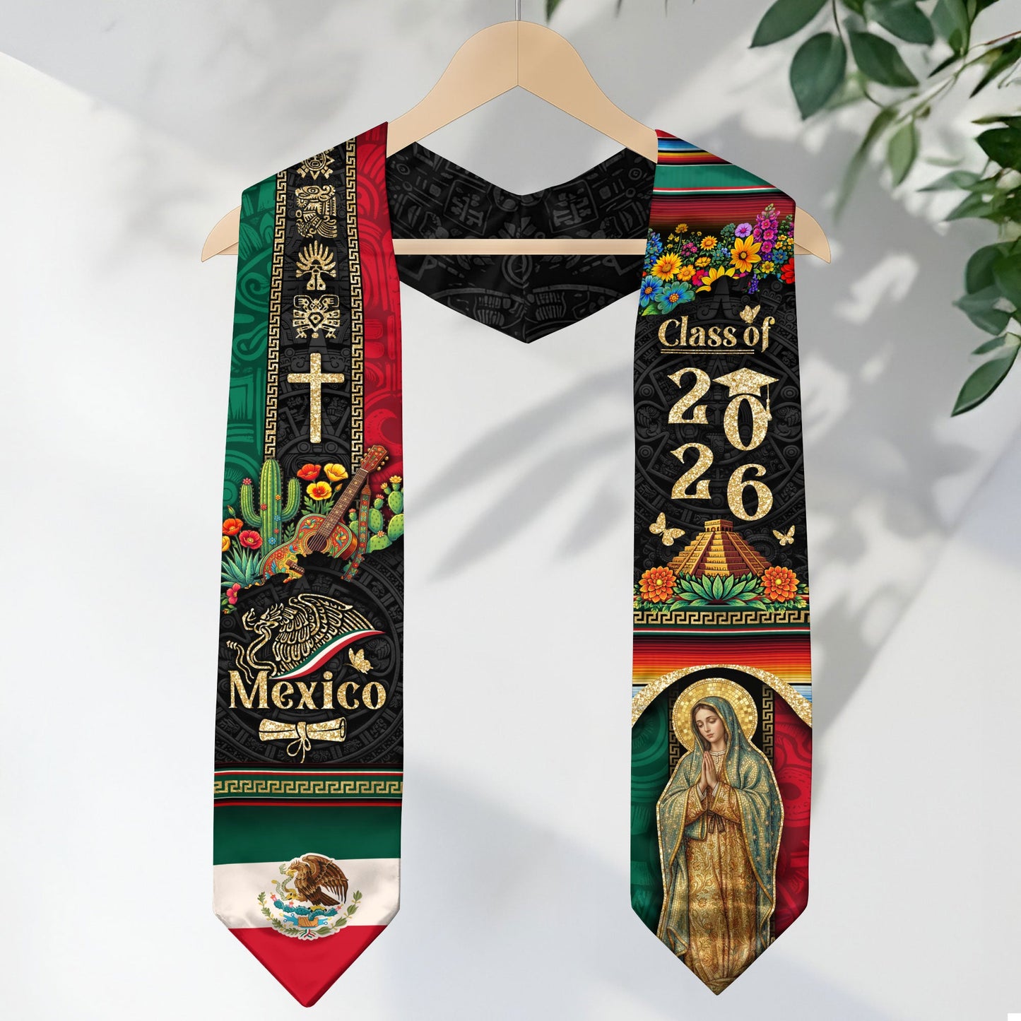 Mexico Graduation Stole 2026 Virgen de Guadalupe Cross Cactus Guitar Aztec Cultural Design