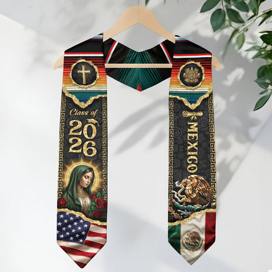 Mexico USA Graduation Stole 2026 - Dual Flag Heritage Sash Virgin Mary Floral Stole