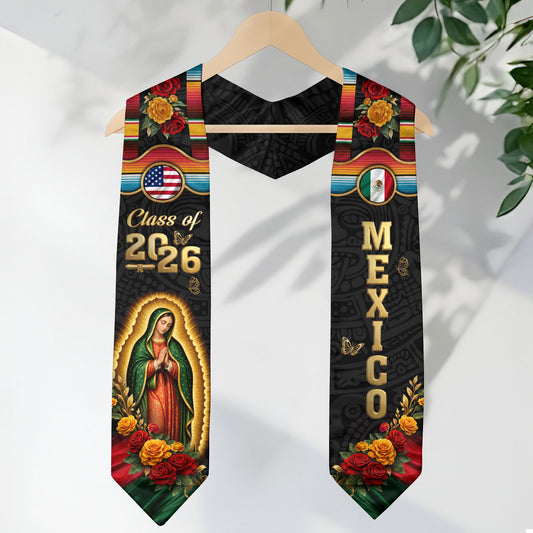 Mexico US Flag Graduation Stole 2026 - Virgin Mary Floral Serape Heritage Sash