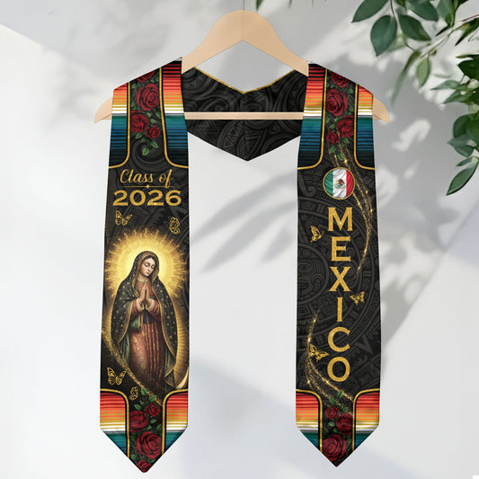 Mexico Graduation Stole 2026 - Floral Gold Cross Heritage Serape Sash