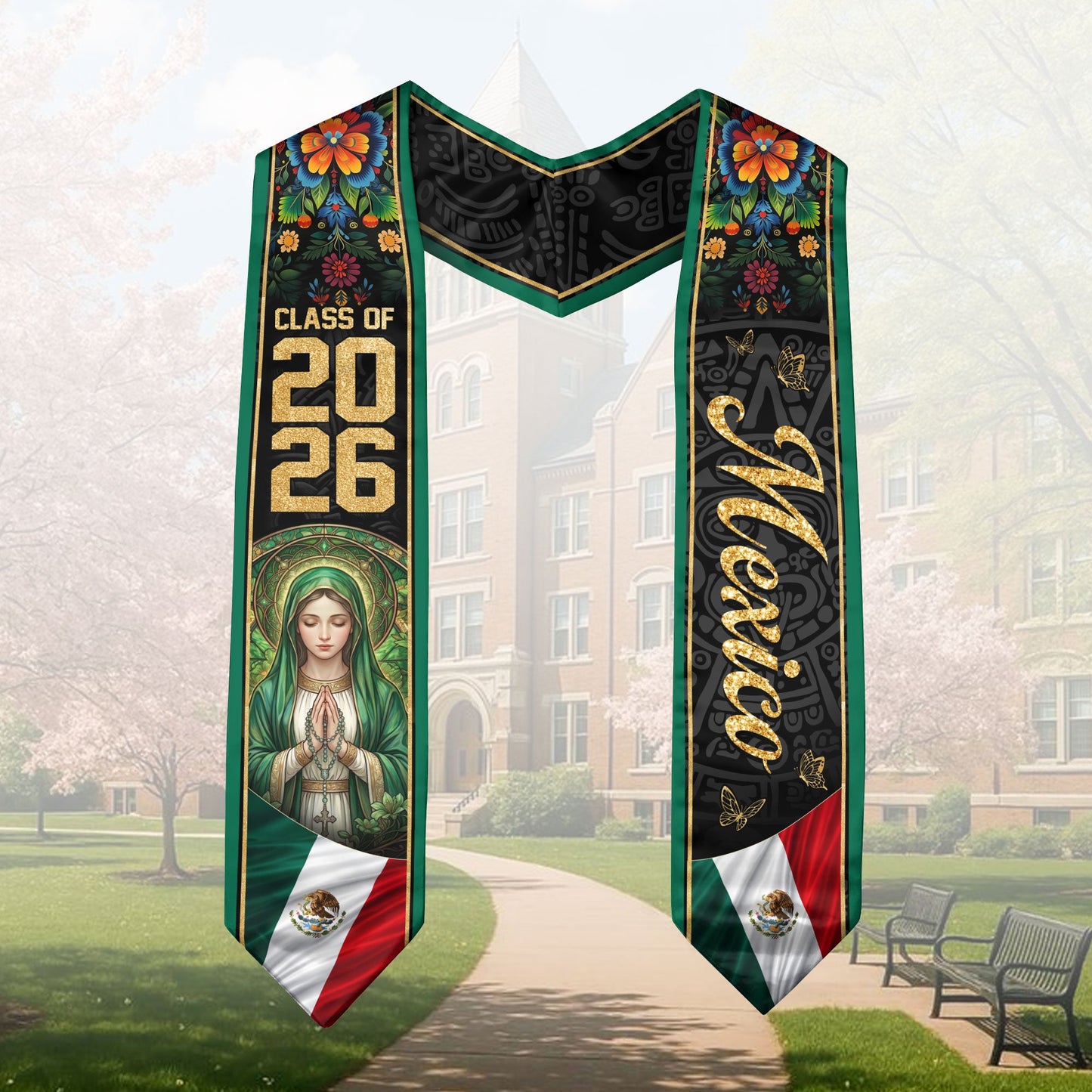 Mexico Graduation Stole 2026 Virgin Mary Floral Green Heritage Sash Gift