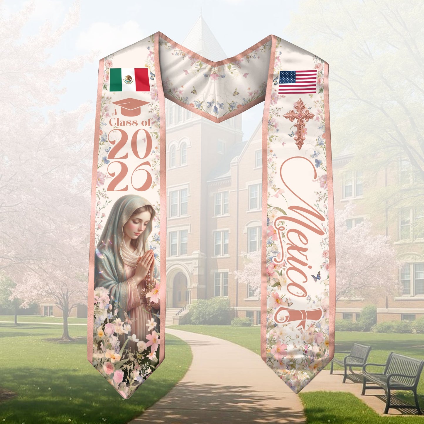 Mexican American Graduation Stole 2026 Virgin Mary Mexico USA Flag Floral Sash