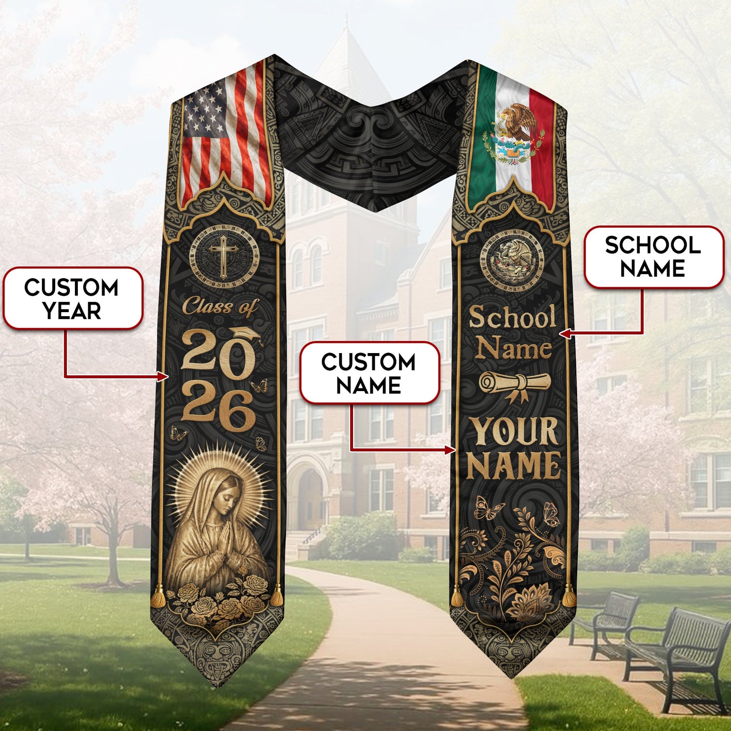 Mexico Graduation Stole Custom Name Class of 2026 USA Flag Virgin Mary Heritage Sash