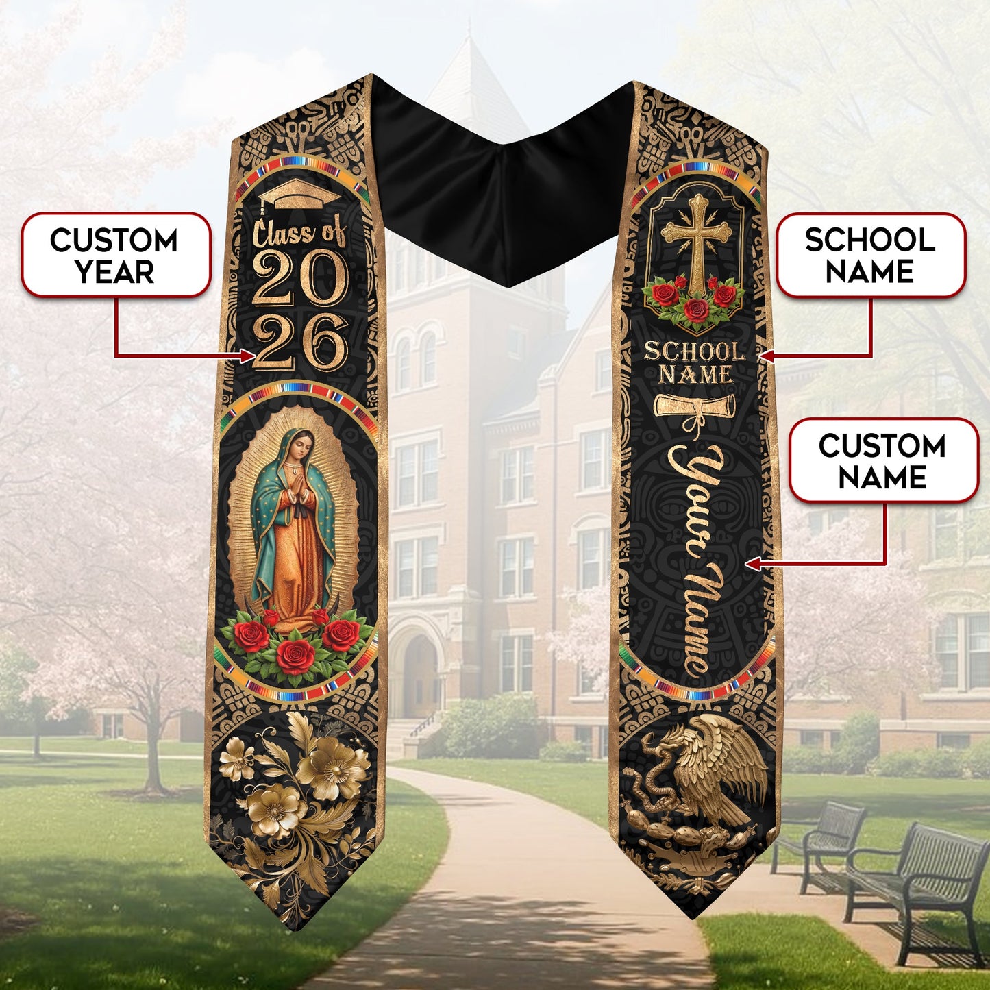 Custom Mexican Graduation Stole 2026 - Our Lady of Guadalupe & Eagle Heritage Sash