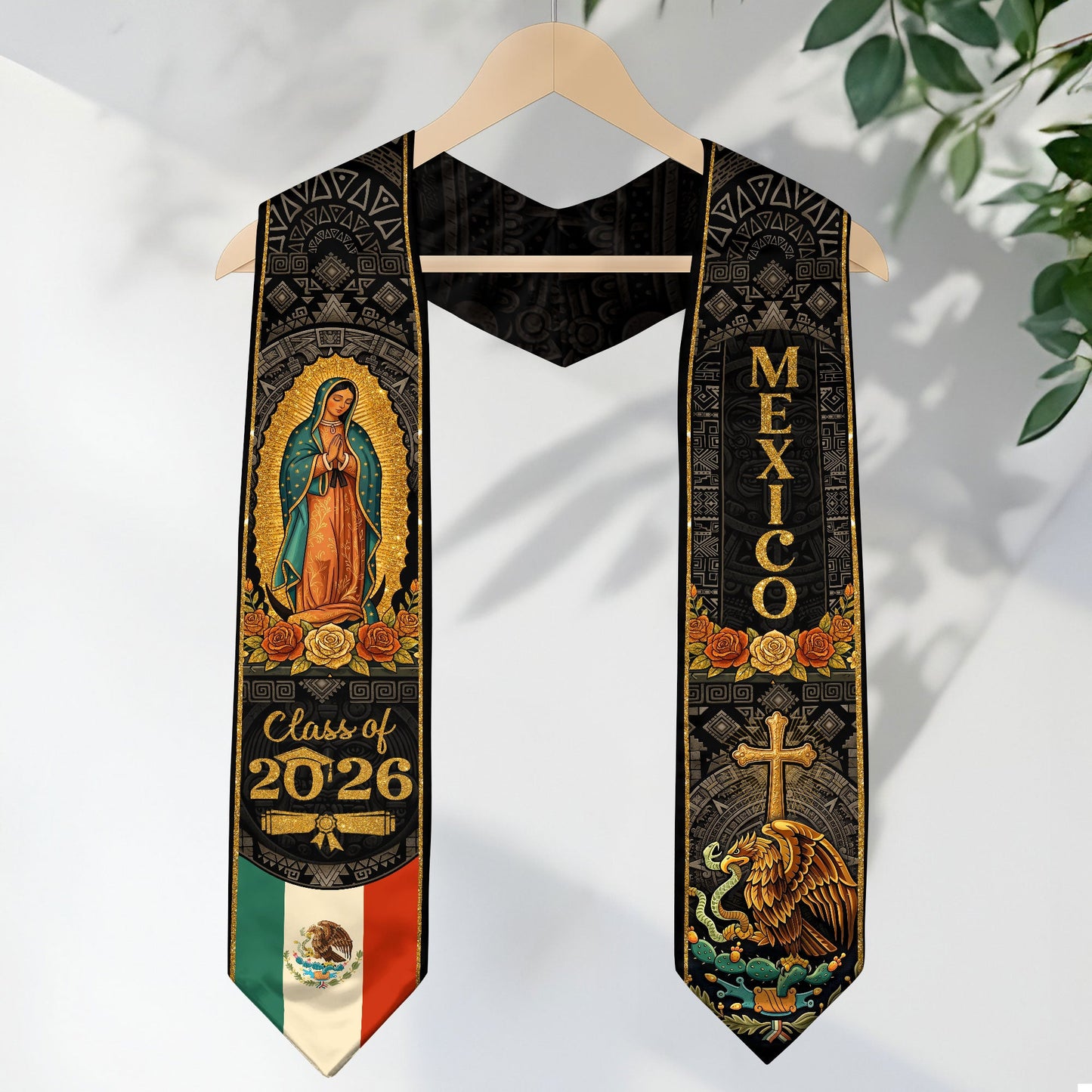 Our Lady of Guadalupe Graduation Stole 2026 - Aztec Sun Stone Mexico Heritage Sash