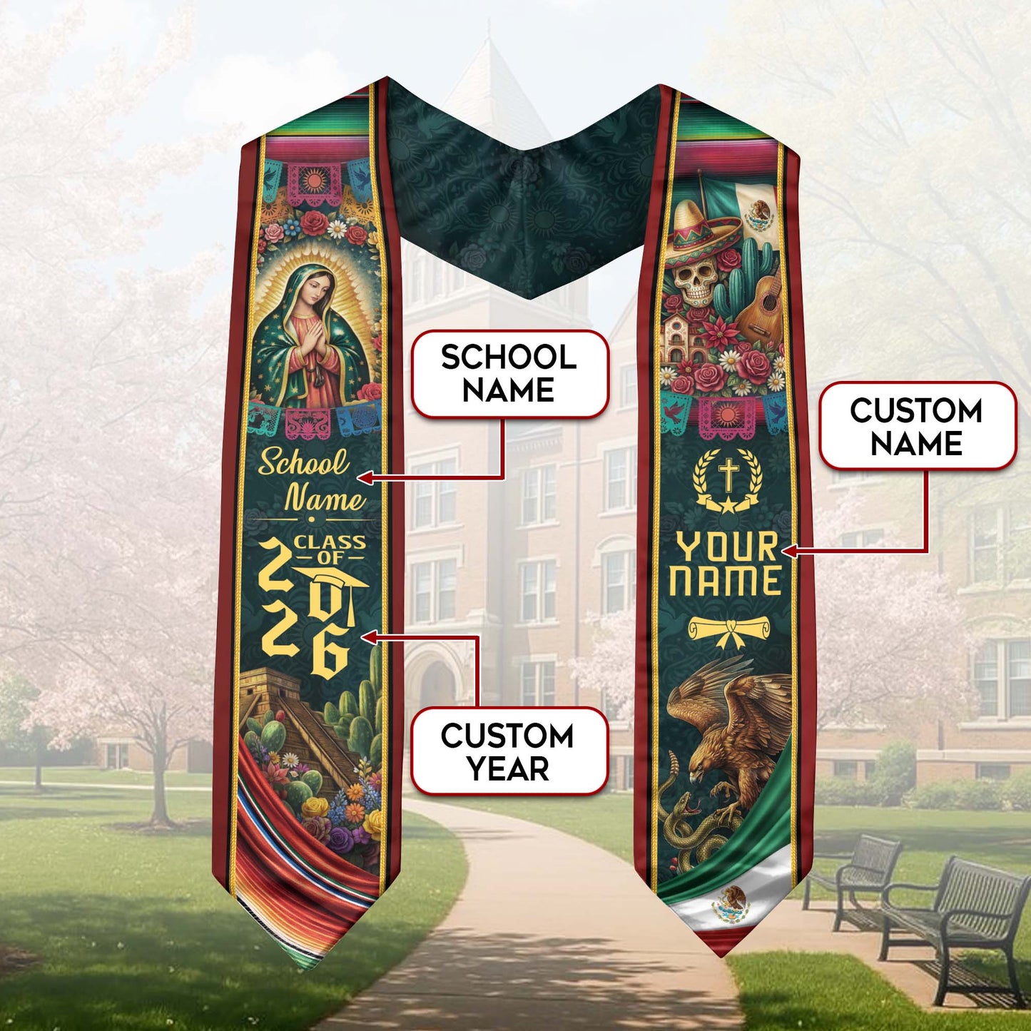 Custom Mexico Graduation Stole 2026 - Sugar Skull, Guitar & Guadalupe Heritage Sash