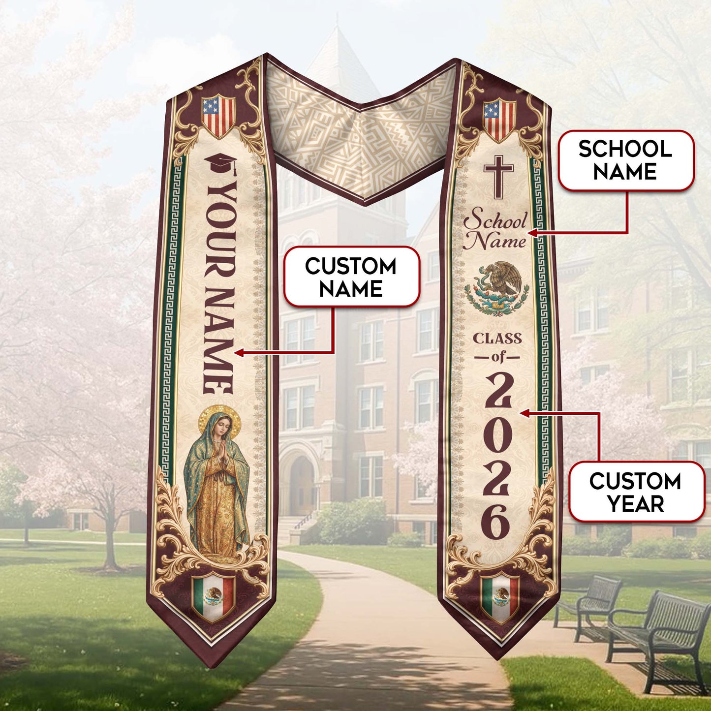Custom Mexico US Flag Graduation Stole 2026 - Our Lady of Guadalupe Heritage Sash
