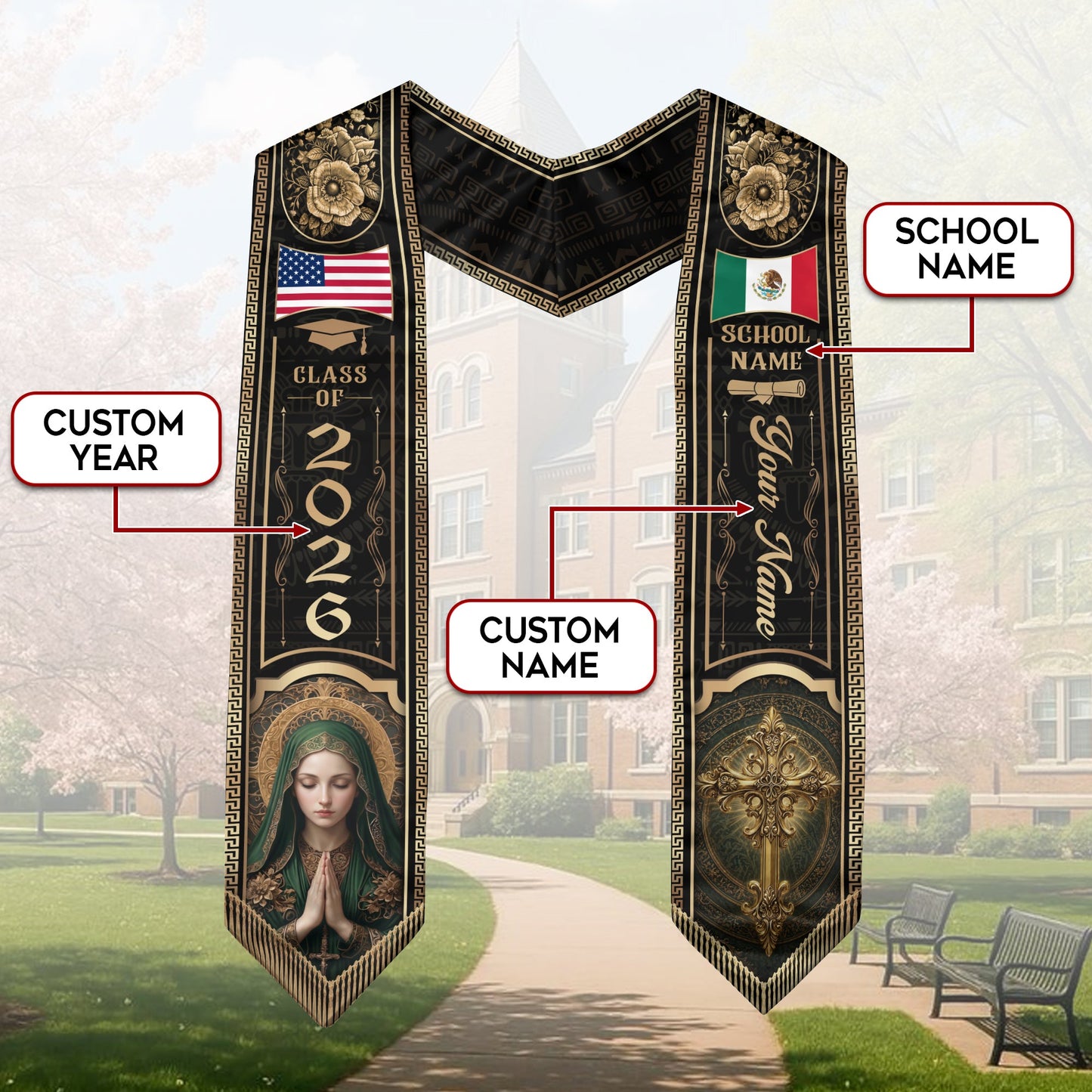 Custom Mexico Graduation Stole 2026 Virgin Mary Cross Mexican US Flag Gold Greek Sash