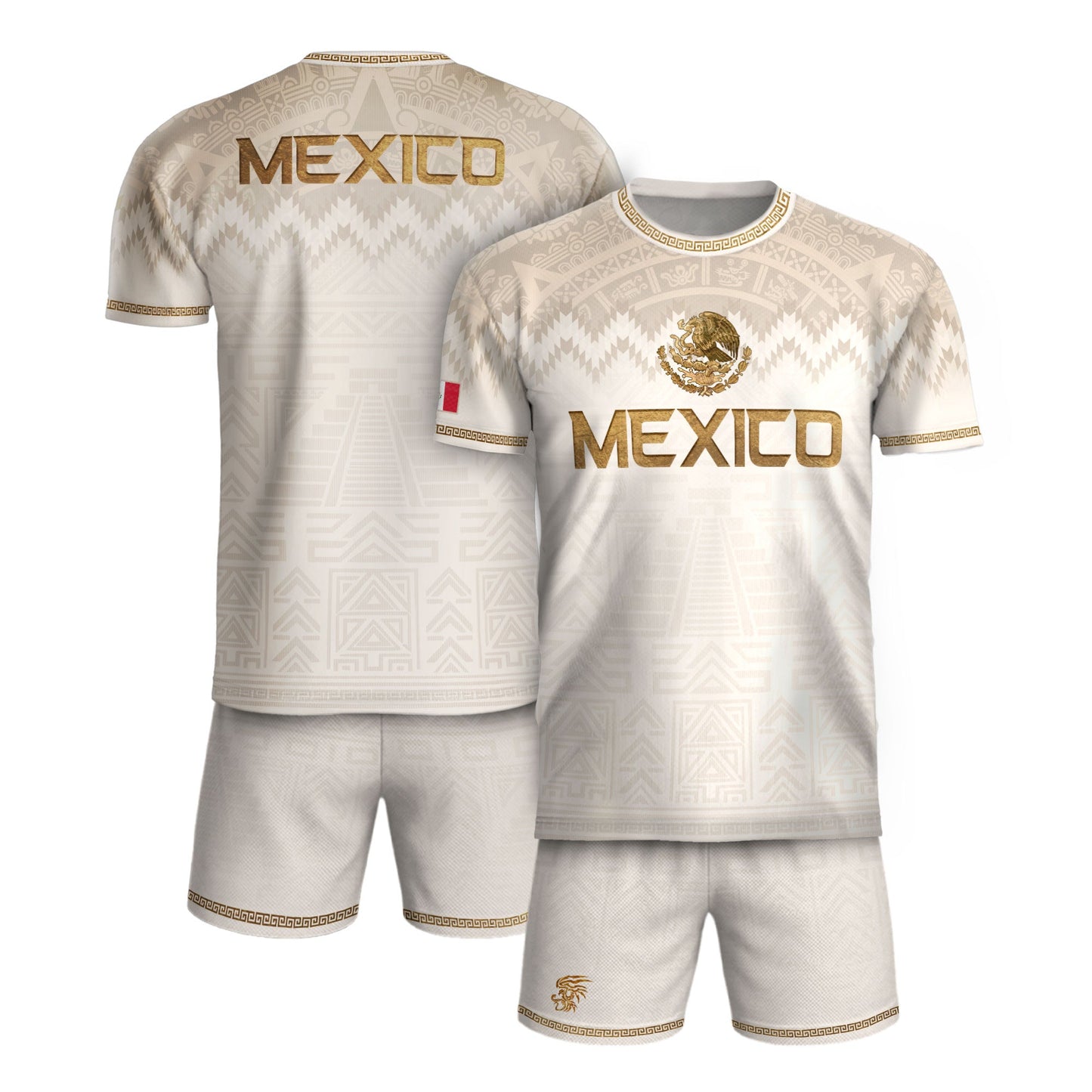 Mexico Heritage Orgullo Mexicano Beige Gold Aztec Pyramid Sun Stone Soccer Jersey