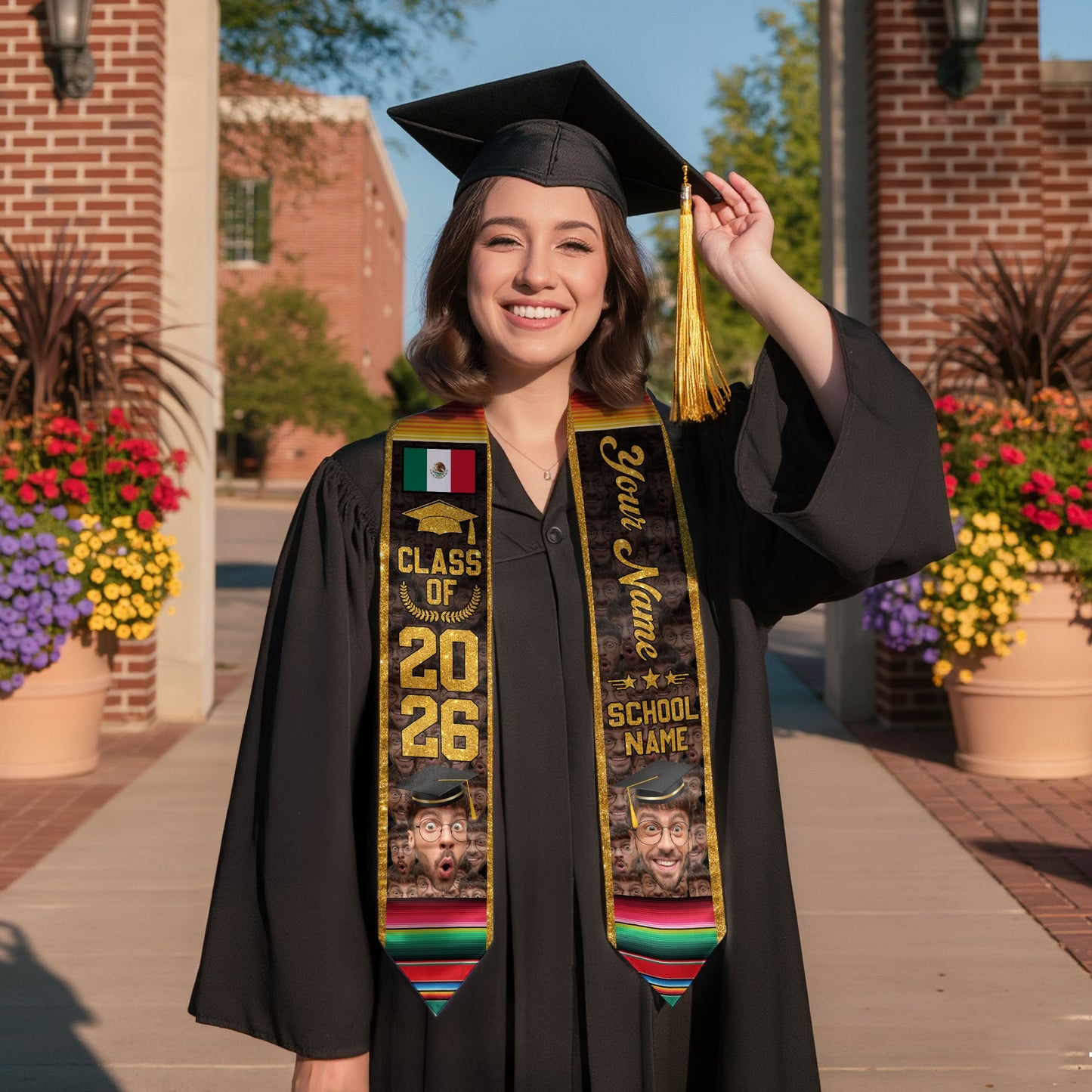 Aztec Mexico Graduation Stole 2026, Custom Photo Mexican Sash for Graduate Achievement