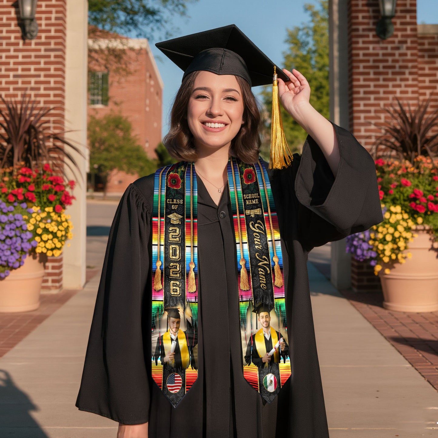 Custom Photo Mexican Graduation Stole 2026 Aztec Serape Rose USA Mexico Flag Sash