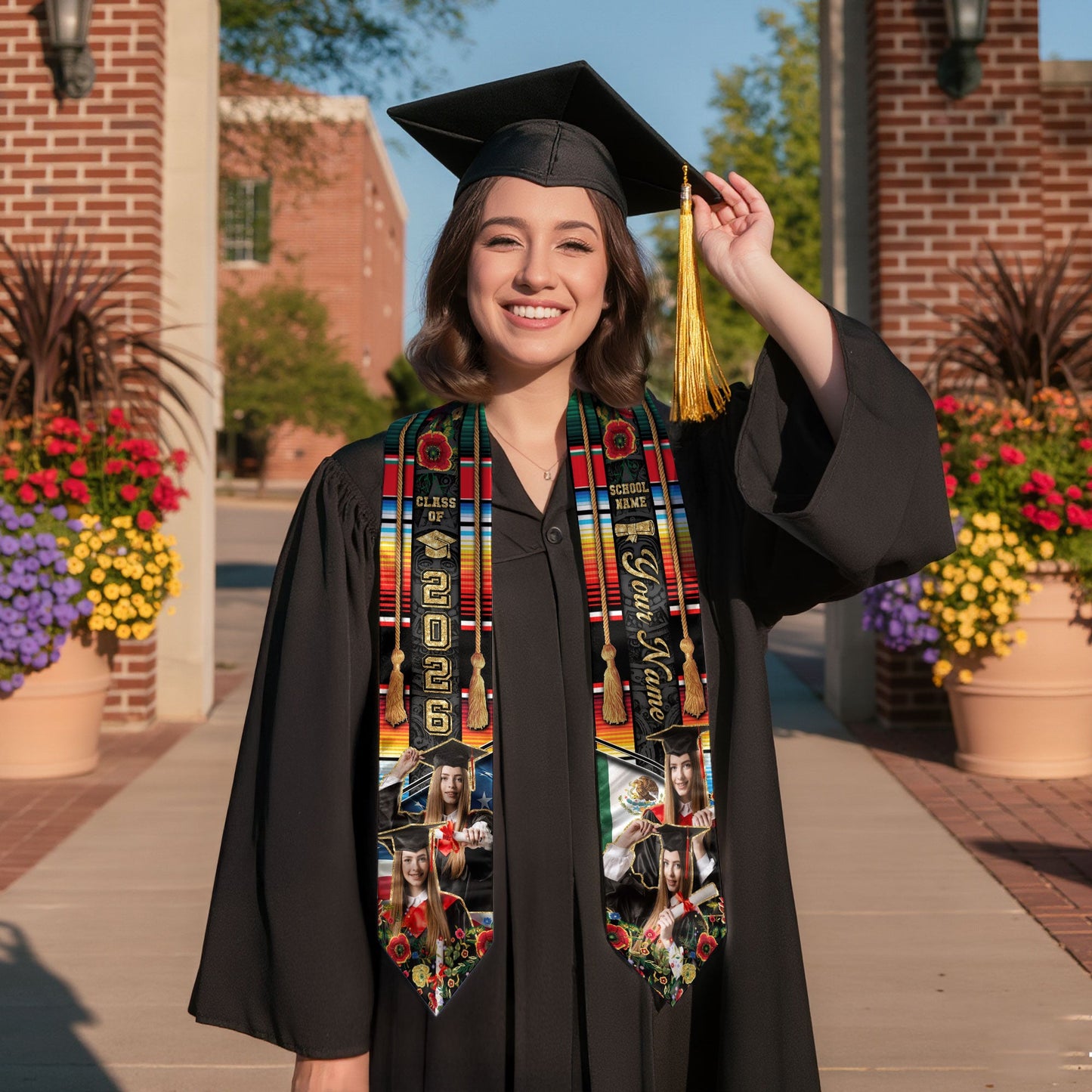 Custom Mexican Graduation Sash 2026 Aztec Patterns Serape Rose USA Mexico Flag Photo
