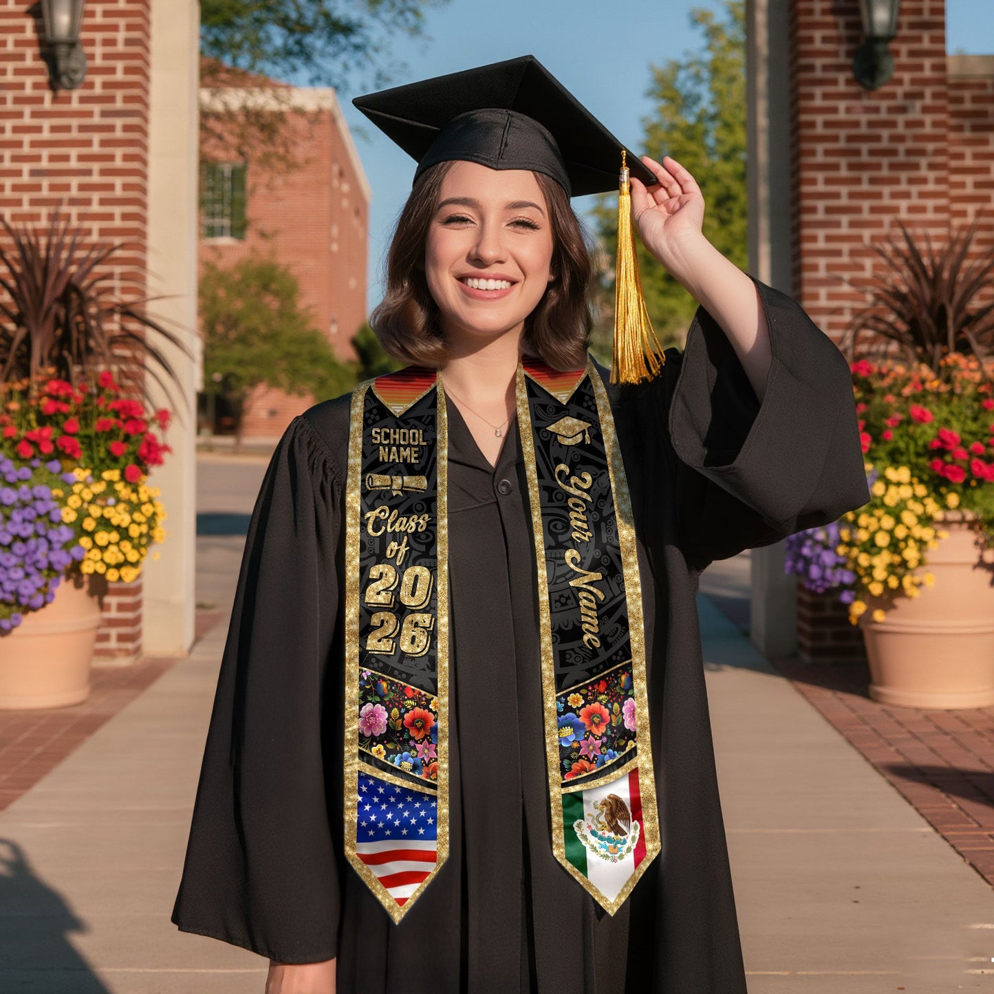 Custom Class of 2026 Graduation Stole – Personalized USA & Mexico Flag Senior Sash with Floral Gold Design