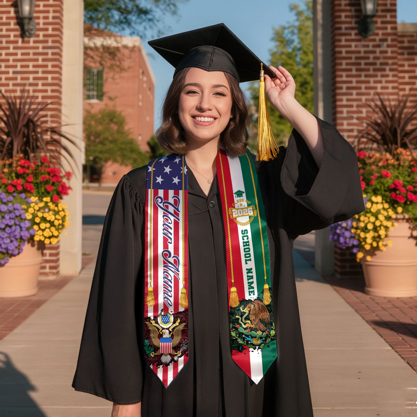 Personalized Mexican American Graduation Sash Class of 2026 Flag Eagle Name Stole