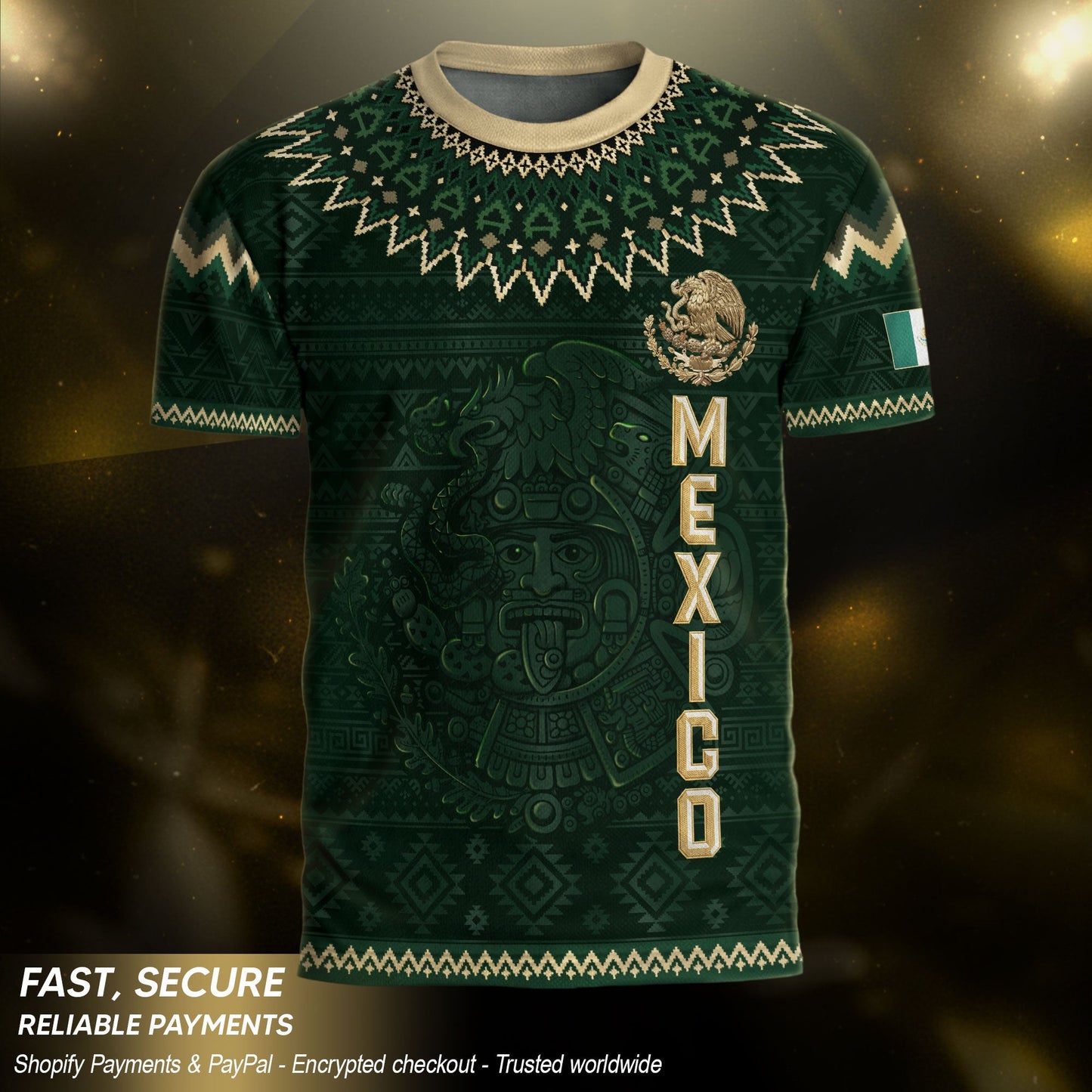 Mexico Heritage Soccer Jersey, Green Gold Aztec Calendar Design Sports Jersey for Men