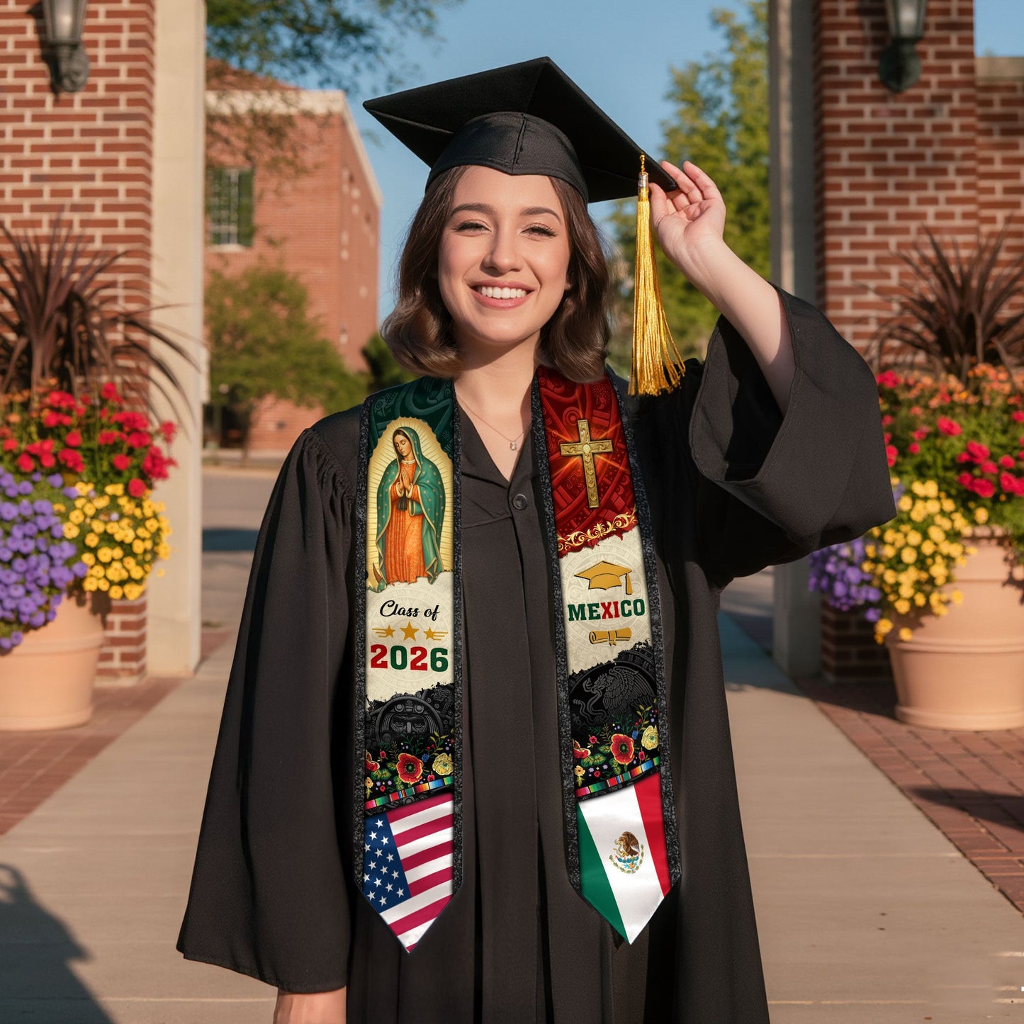 Mexican Graduation Stole Mexico USA Flag Aztec Virgin Mary Cross Eagle 2026