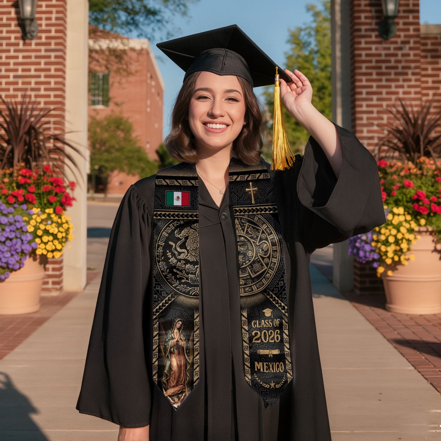 Mexican Graduation Stole 2026, Luxury Black Gold Aztec & Our Lady of Guadalupe