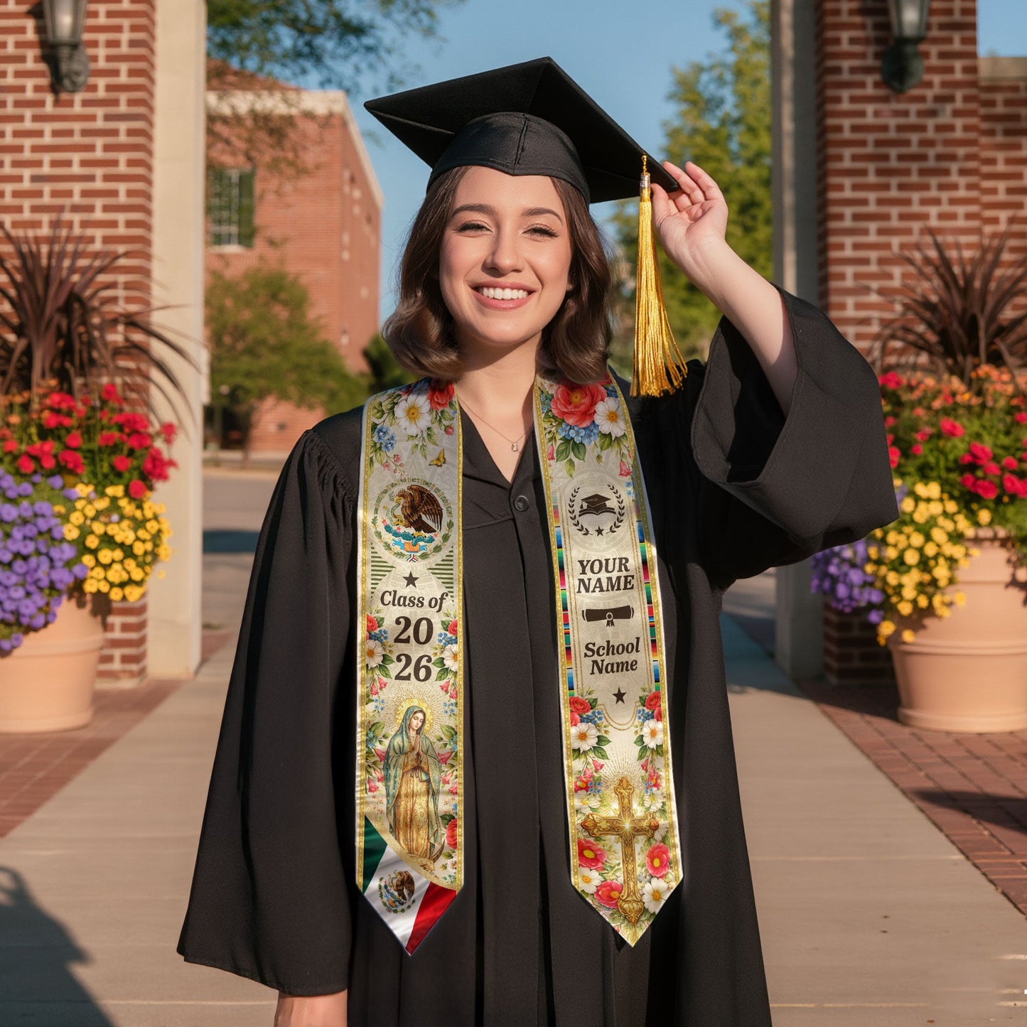 Personalized Mexican Graduation Stole - Class of 2026 Custom Name Floral Aztec Sash