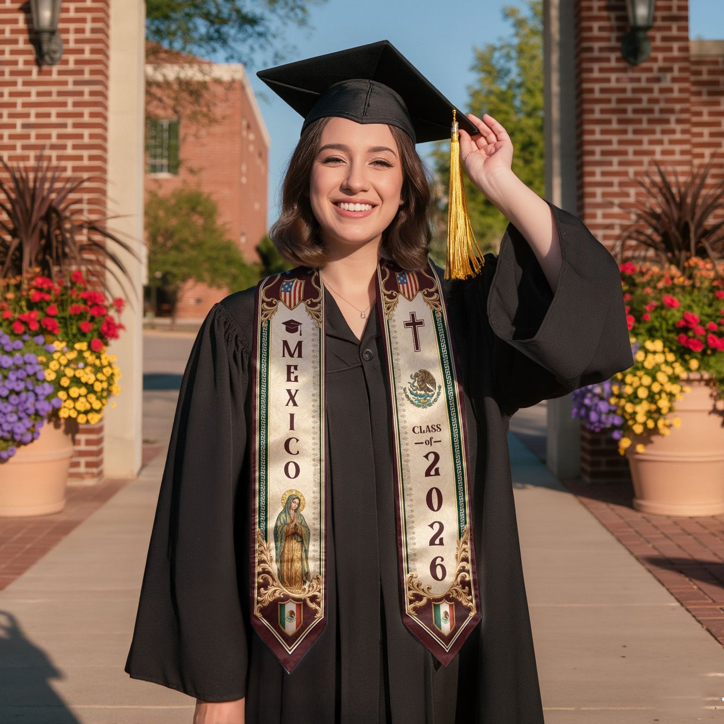 Mexico Graduation Stole 2026 Our Lady of Guadalupe Cross Catholic Classic Design