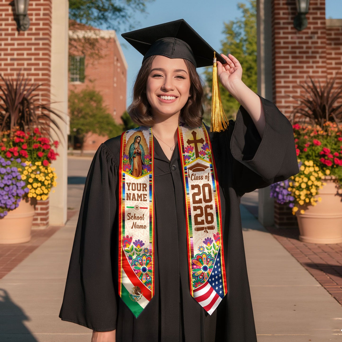 Mexican American Graduation Stole 2026 - Personalized Name Mexico USA Flag Sash