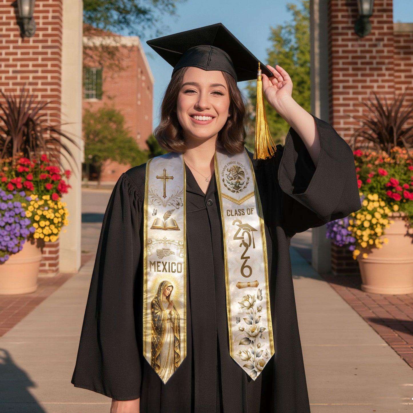 Class of 2026 Mexican Graduation Stole - Virgin Mary & Knowledge Gold Sash
