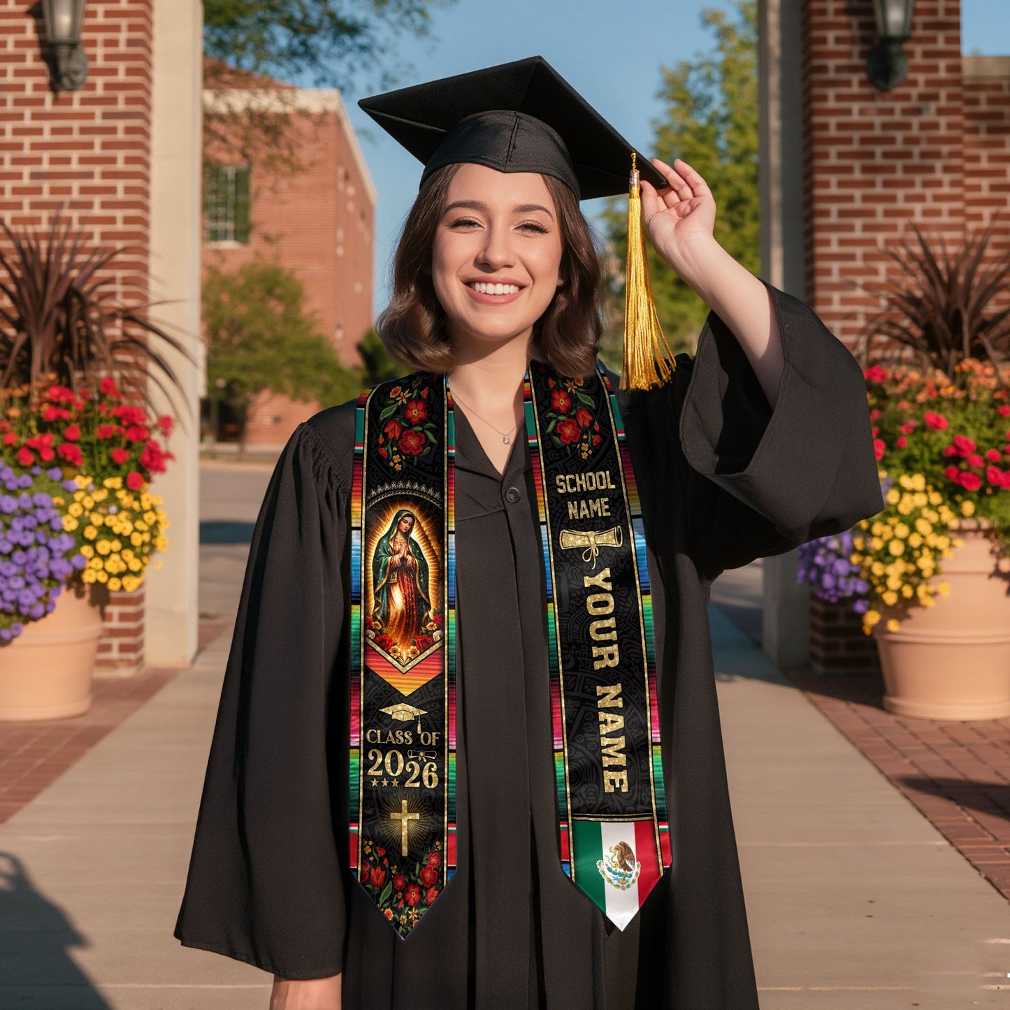 Custom Name School Mexico Graduation Stole 2026 - Mexican Pride Serape Cross Sash
