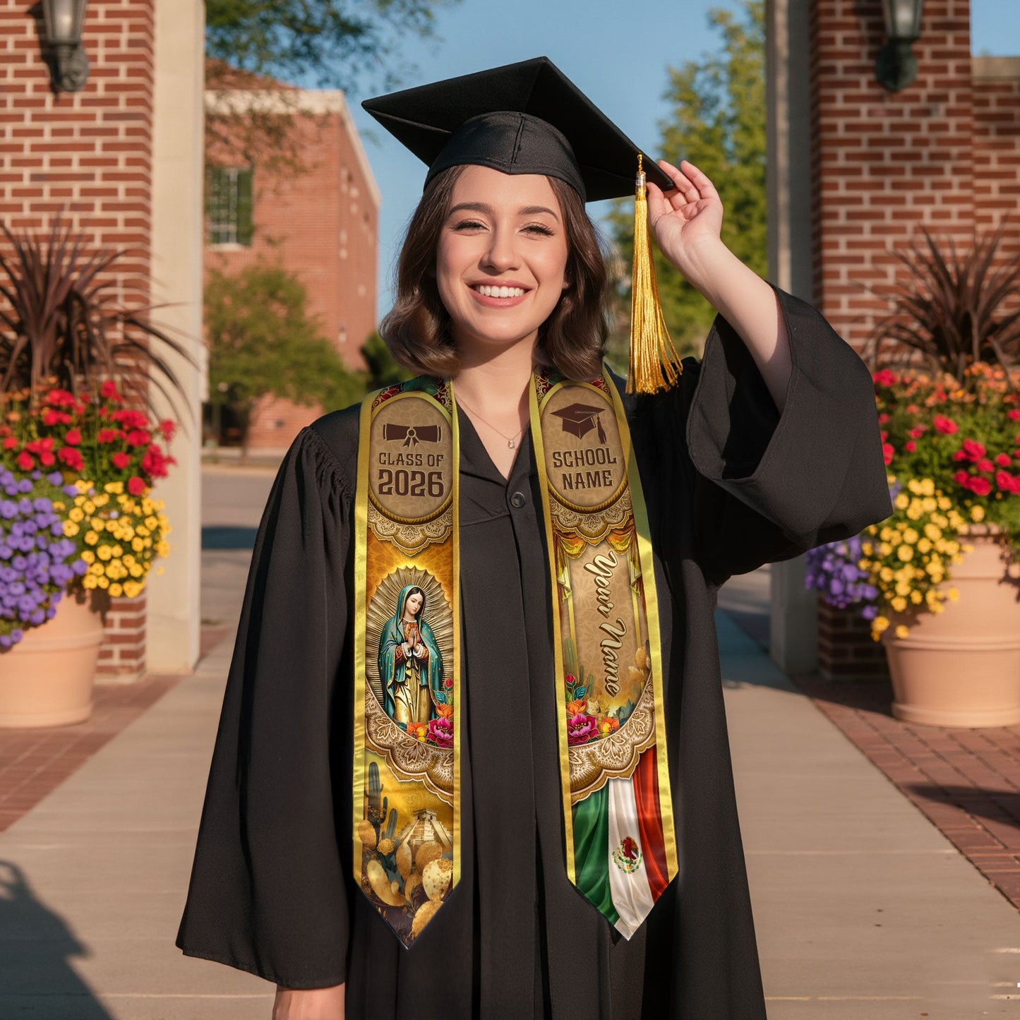 Mexico Graduation Stole 2026 Virgin Mary Pyramid Personalized Heritage Gold Sash