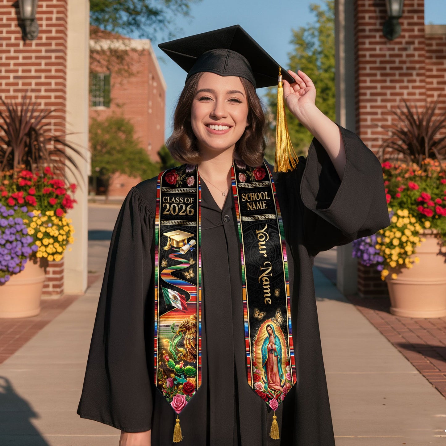 Custom Mexico Graduation Stole 2026 Tassels Virgin Mary Eagle Serape Sash