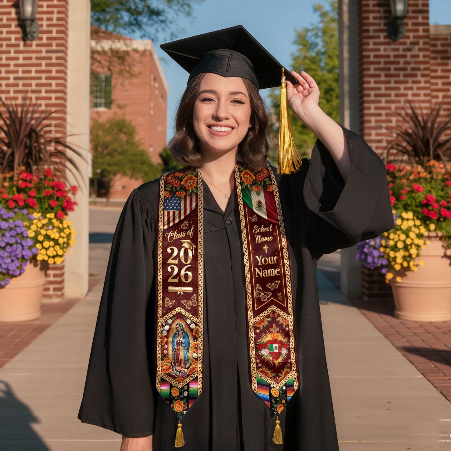 Mexico USA Graduation Stole 2026 Tassels Virgin Mary Burgundy Personalized Heritage Sash