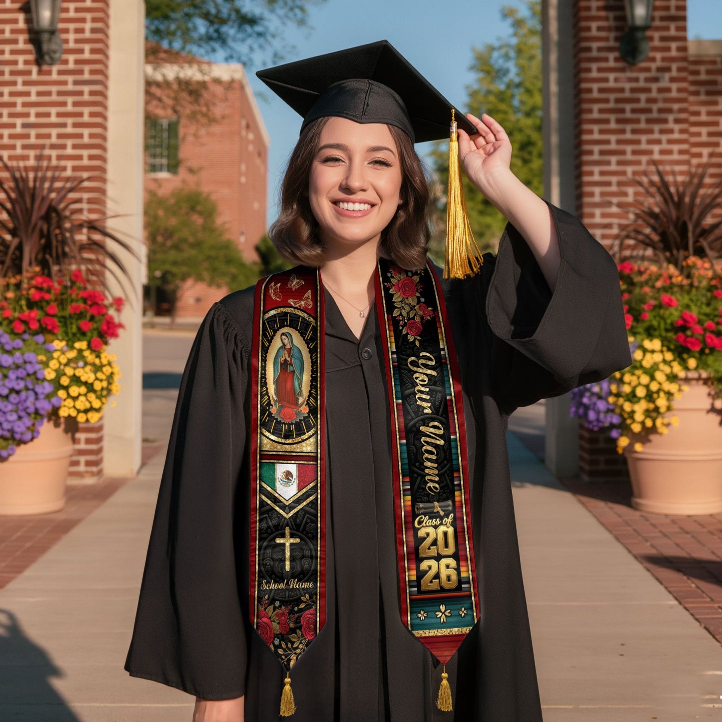 Custom Red Rose Mexico Graduation Stole Tassel Class of 2026 Butterfly Virgin Mary Sash