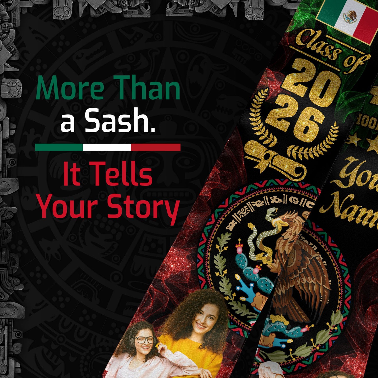 Mexican Aztec Custom Photo Stole 2026, Graduation Sash Mexico for Proud Graduate