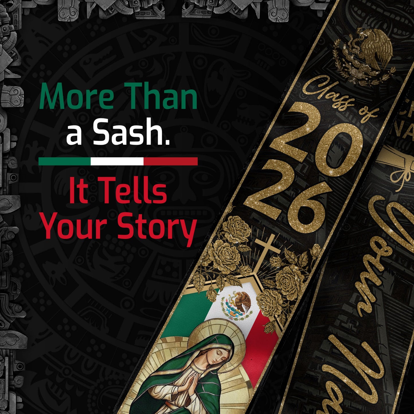 Mexican Graduation Stole Aztec Eagle Virgin Mary Rose Flag Custom Sash 2026