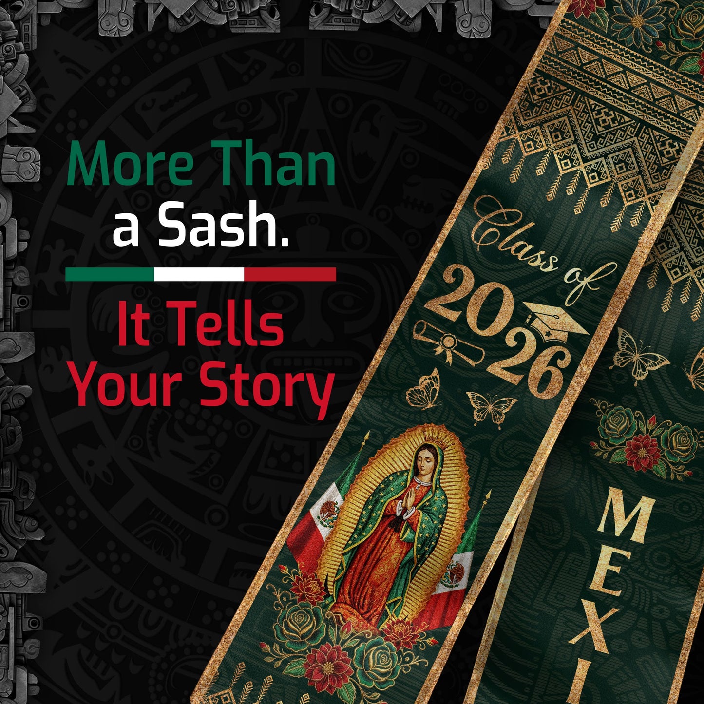 Mexico Roots Emerald Graduation Stole Virgen & Tradition Class of 2026