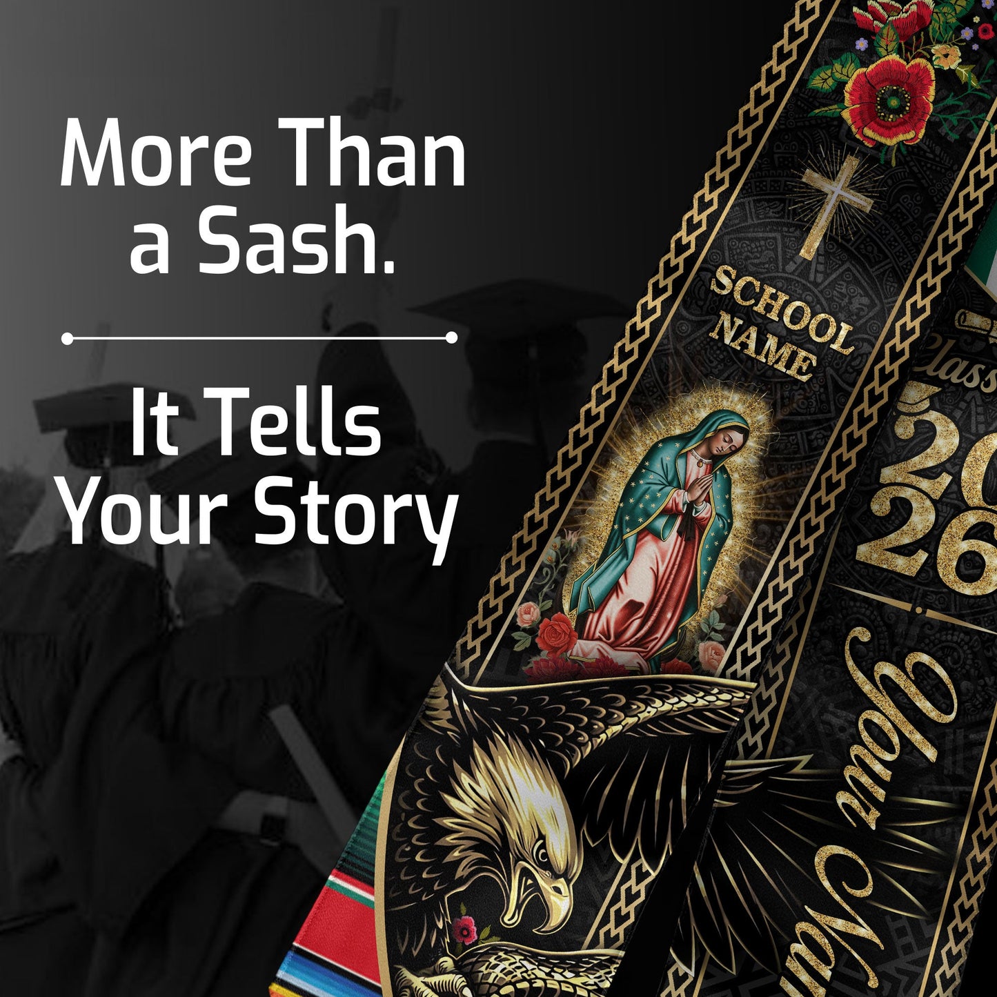 Custom Mexico Graduation Stole 2026 Virgin Mary Eagle Snake Catholic Mexican Heritage Sash