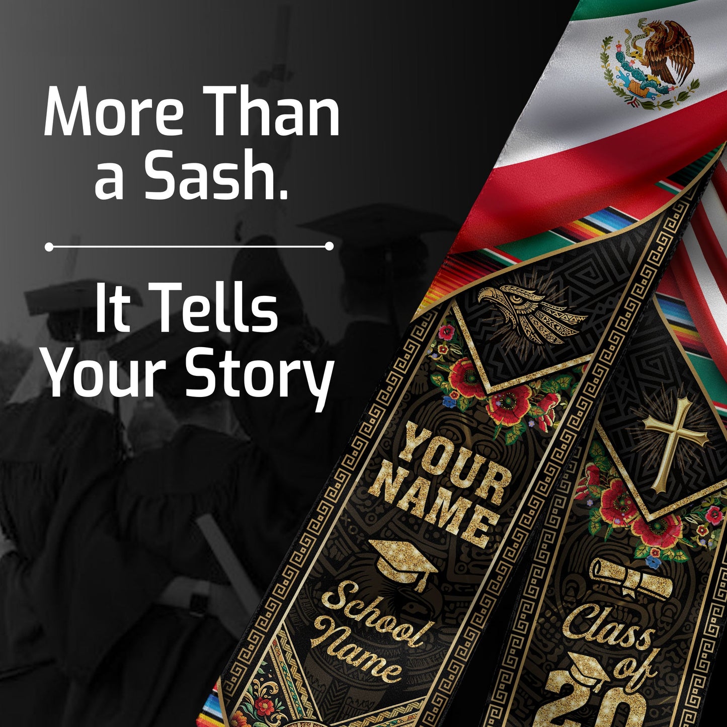 Custom Mexico USA Graduation Stole 2026 Virgin of Guadalupe Mexican American Heritage Sash