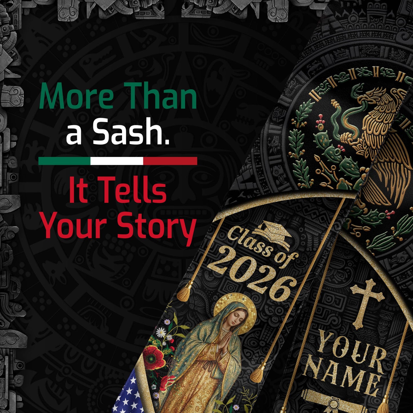 Mexico Graduation Stole Class of 2026 Custom Name Virgin Mary Aztec Eagle Sash