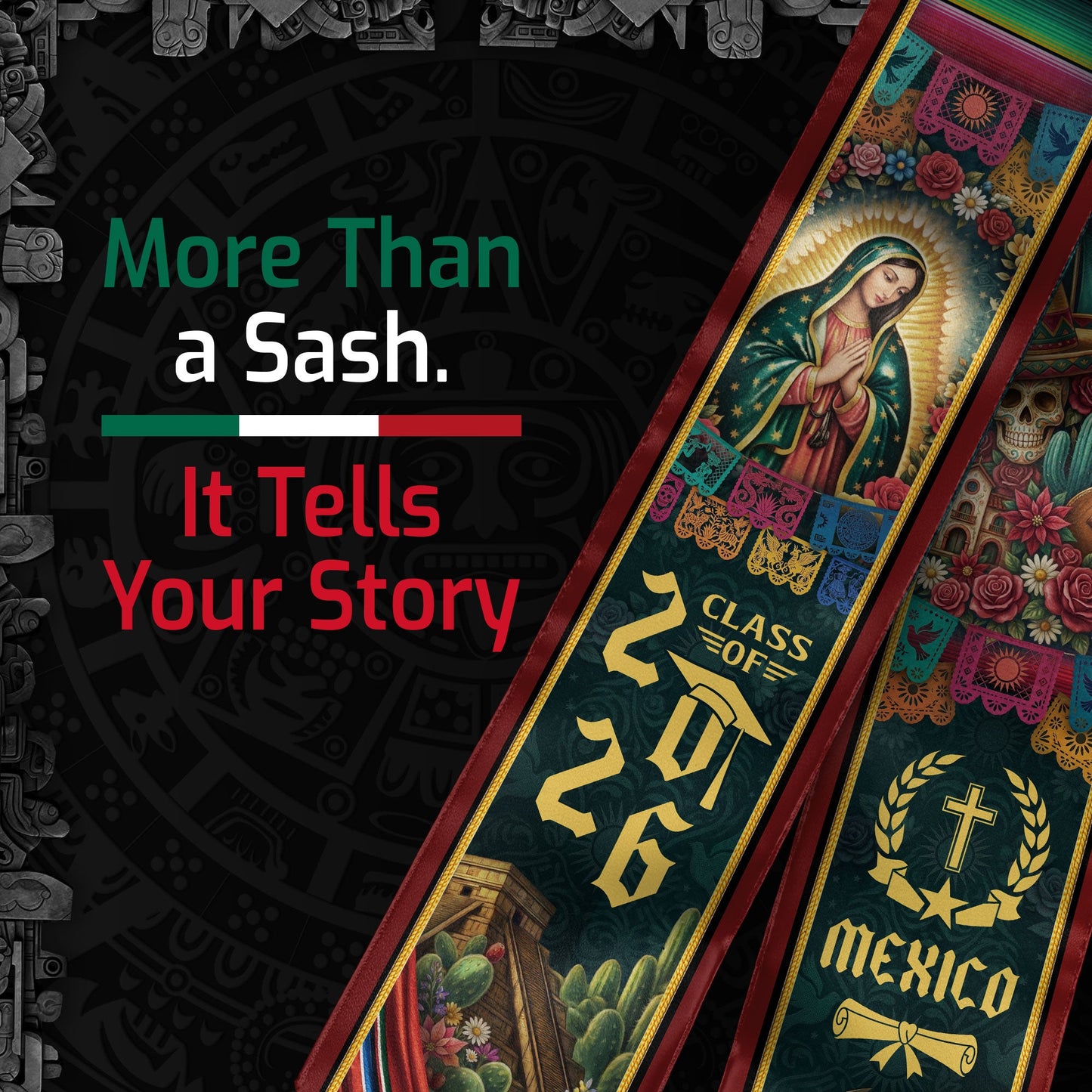 Mexico Graduation Stole 2026 Virgen de Guadalupe Sugar Skull Serape Cultural Design